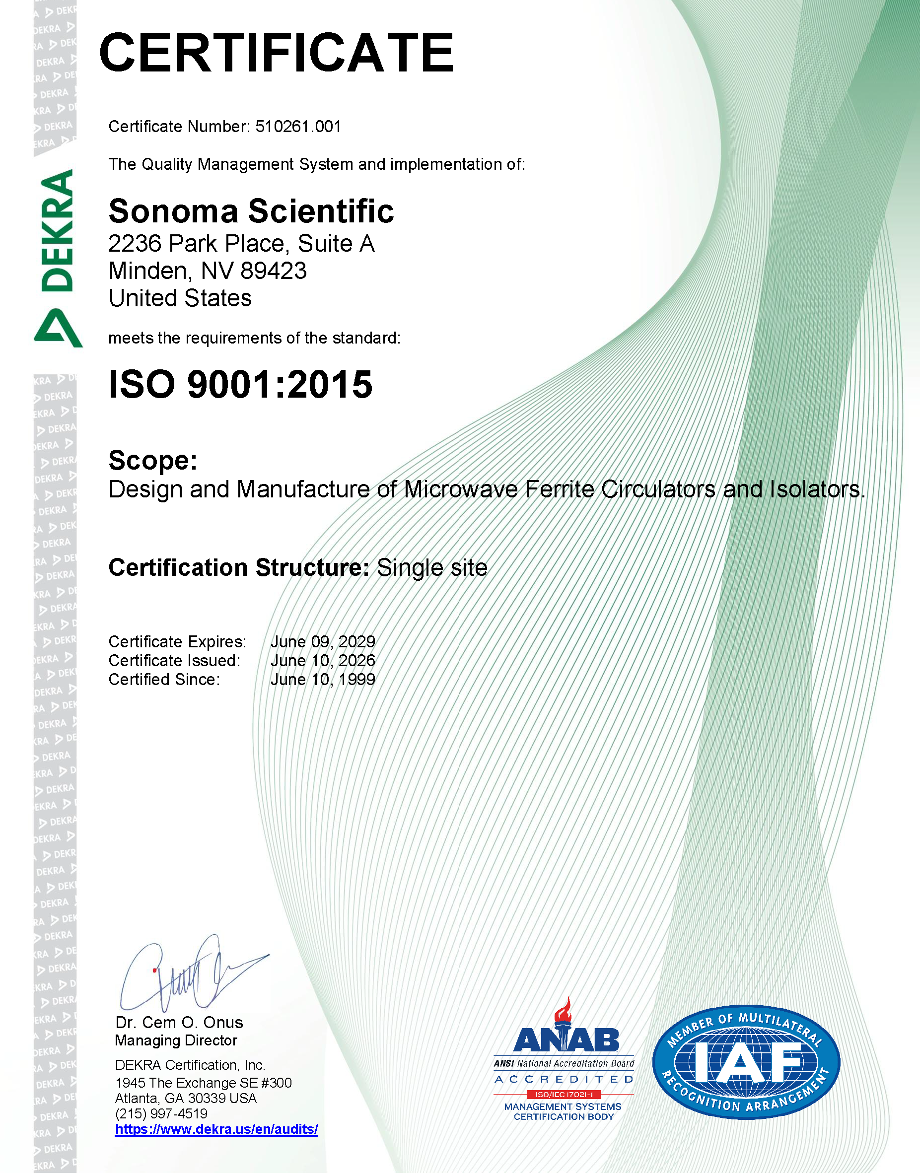 Sonoma Scientific ISO 9001:2015 certificate. Use the printable PDF link to view the full document.